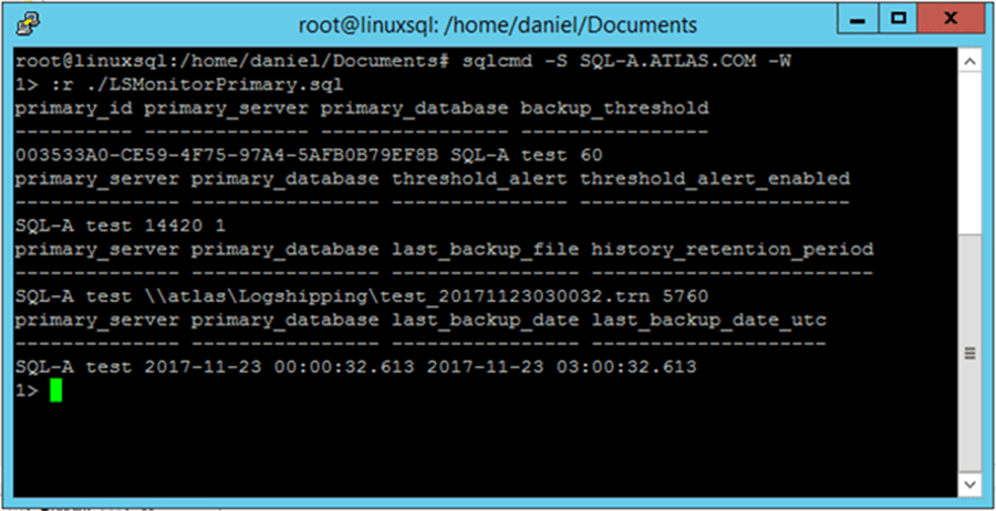 log_shipping_monitor_primary - Description: Screen capture of the previous script execution.