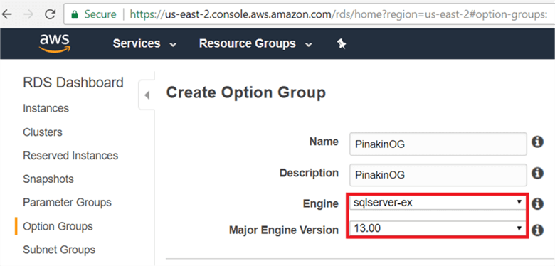 On Create Option Group page, select major engine version, here I am configuring SQL server 2016 so we have selected 13.00. - Description: On Create Option Group page, select major engine version, here I am configuring SQL server 2016 so we have selected 13.00.