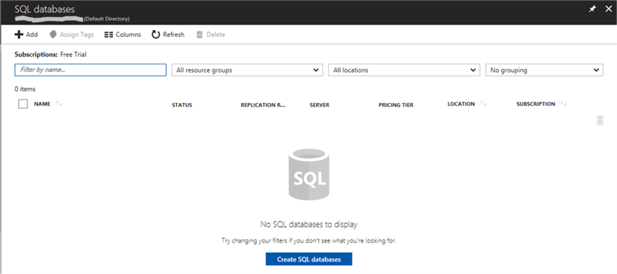 Create SQL Azure database - Description: Create a new database in SQL Azure