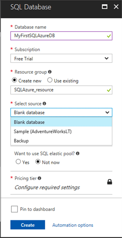 Provide information for the new SQL Azure database - Description: Provide information for the new SQL Azure database