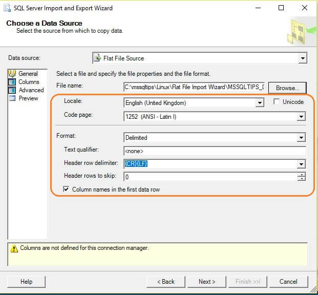 Select the Source as Flat File Source and select the source file location
