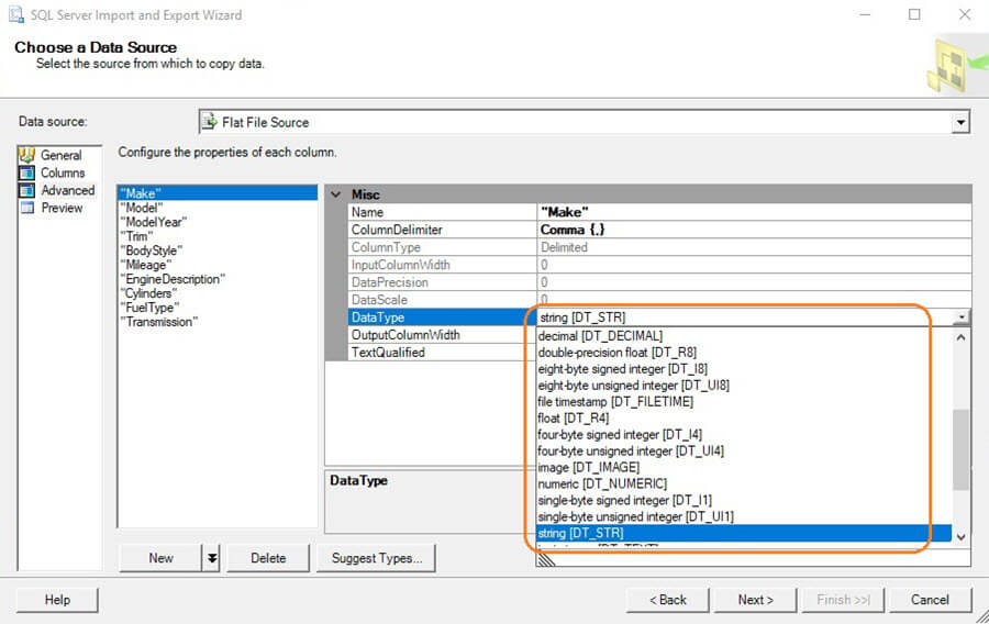 Data type selection for the Import Data Wizard