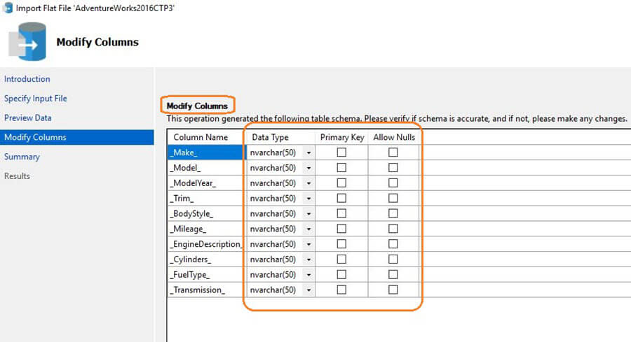 Modify Columns in the Import Flat File Wizard in SQL Server Management Studio