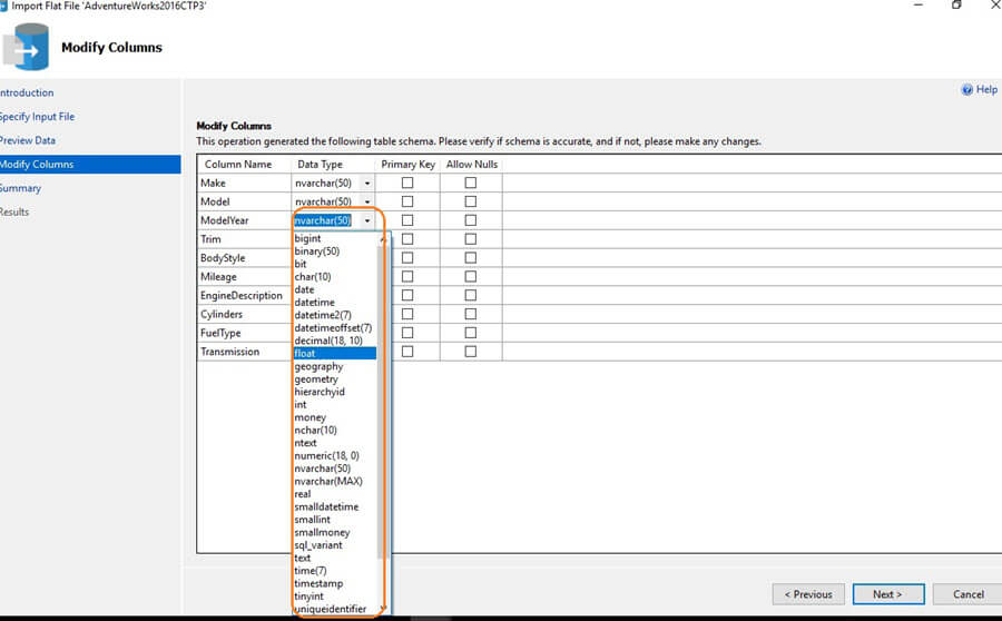 Data Types in the Import Flat File Wizard in SQL Server Management Studio