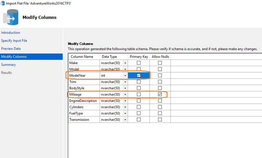 Final Column Changes in the Import Flat File Wizard in SQL Server Management Studio