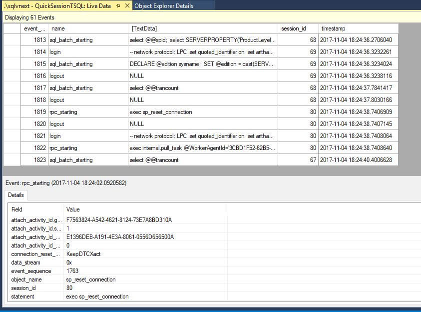 XEvent profiler output live data window for TSQL Xevent