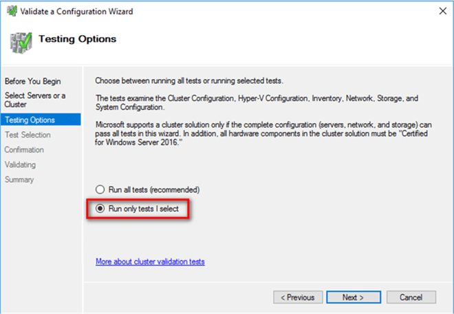 3. In the Testing Options dialog box, select the option Run only tests I select