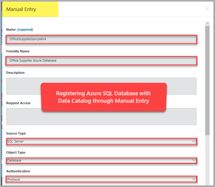 Registering Azure SQL Database with Data Catalog through Manual Entry
