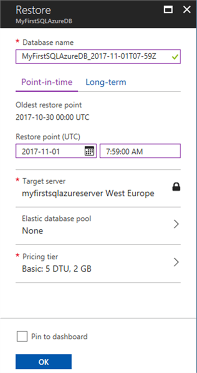 SQL Azure DB restore point-in-time - Description: SQL Azure DB restore point-in-time