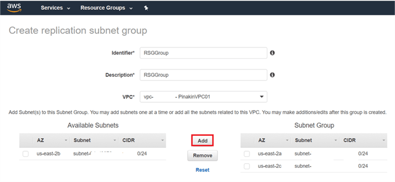 On Create replication subnet group dialog box, give Identifier name, discretion, if there are more than one VPC then select from drop down menu, select the available subnet and click Add to add subnet group click Create. - Description: On Create replication subnet group dialog box, give Identifier name, discretion, if there are more than one VPC then select from drop down menu, select the available subnet and click Add to add subnet group click Create.