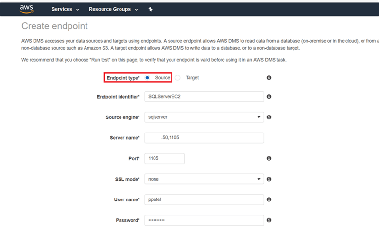 On create endpoint dialog box, give the source server name and port number, select the SSL mode and provide the user and password to access the source database and source database name. - Description: On create endpoint dialog box, give the source server name and port number, select the SSL mode and provide the user and password to access the source database and source database name.
