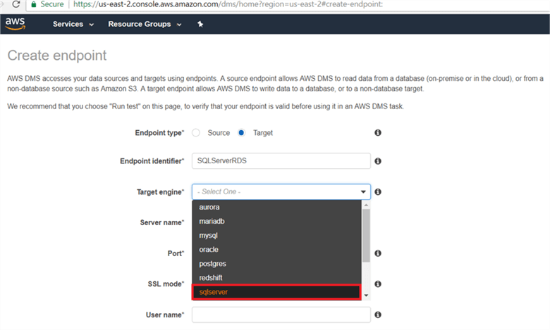 On create endpoint dialog box, select the source or target endpoint type, give the endpoint identifier name, select target database engine from down list; AWS provides wide range of target database engine selection; here I have selected SQLServer as we are migrating Server from EC2 SQL server database to Amazon RDS SQL Server. - Description: On create endpoint dialog box, select the source or target endpoint type, give the endpoint identifier name, select target database engine from down list; AWS provides wide range of target database engine selection; here I have selected SQLServer as we are migrating Server from EC2 SQL server database to Amazon RDS SQL Server.