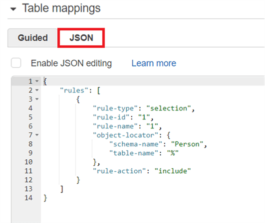 On Create Task page, under table mapping you can make the changes in to JSON or create multiple schemas, tables with JSON. - Description: On Create Task page, under table mapping you can make the changes in to JSON or create multiple schemas, tables with JSON.