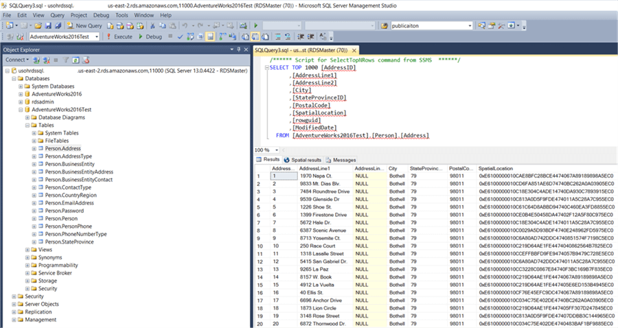 We have connected to Amazon RDS SQL server from SSMS and we can see the tables and data have been loaded in to Amazon RDS SQL server. - Description: We have connected to Amazon RDS SQL server from SSMS and we can see the tables and data have been loaded in to Amazon RDS SQL server.