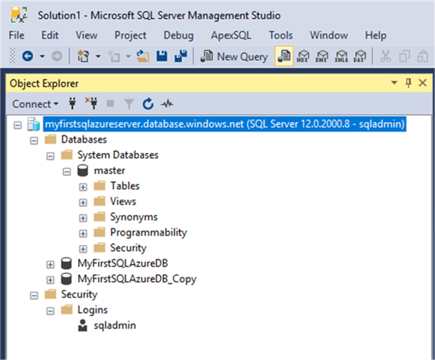 SSMS expanded SQL Azure server