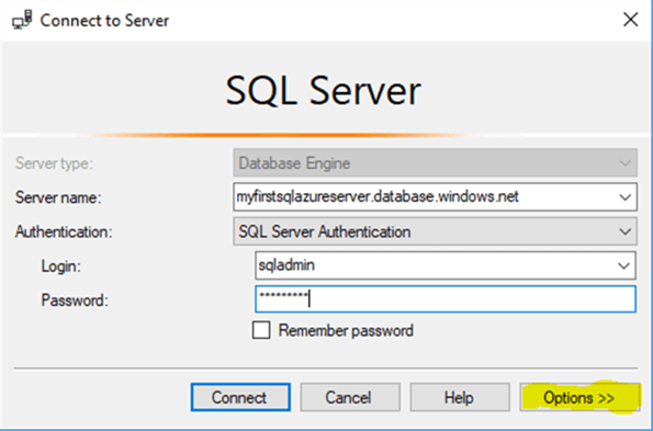 SSMS - Connect to Server (Options)