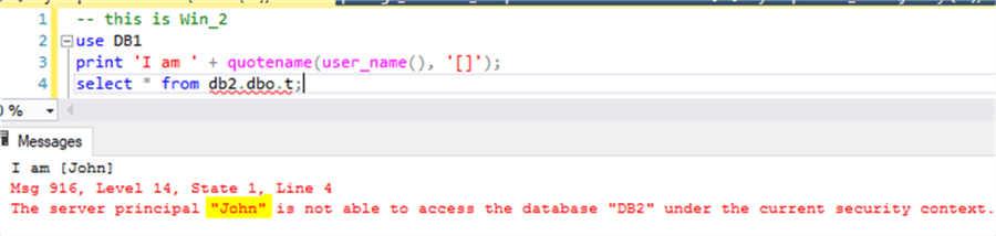access denied - Description: [John] cannot access [DB2] objects