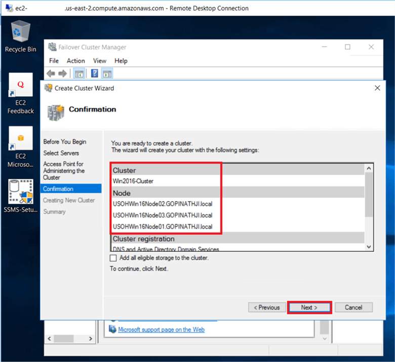 On the confirmation dialog box, verify the windows failover cluster nodes and click Next. This will configure Failover Clustering on three server's nodes that will act as nodes in your windows failover cluster. - Description: On the confirmation dialog box, verify the windows failover cluster nodes and click Next. This will configure Failover Clustering on three server's nodes that will act as nodes in your windows failover cluster.