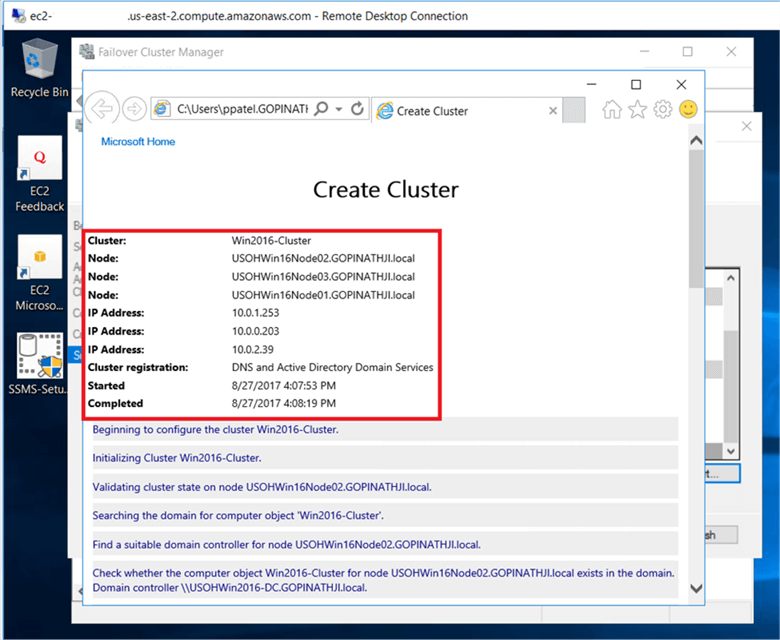 On the cluster Report page, report returns windows cluster successfully created. - Description: On the cluster Report page, report returns windows cluster successfully created.
