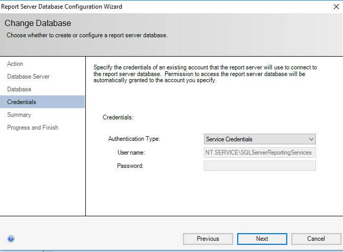 SQL Server Reporting Services- configure report server- Report Server Database Configuration Wizard- enter credentials
