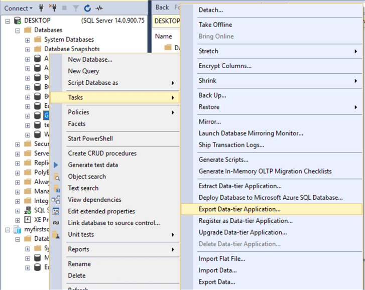 export bacpac in SSMS with Tasks / Export Data-tier Application