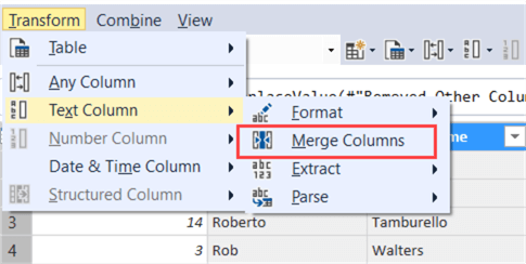 merge columns menu