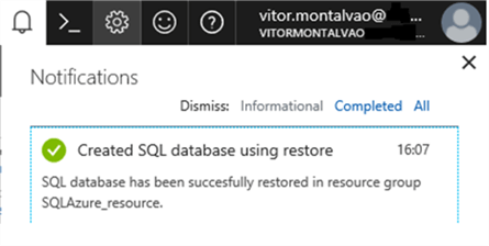 SQL Azure new database restored - Description: SQL Azure notification for the new database restored