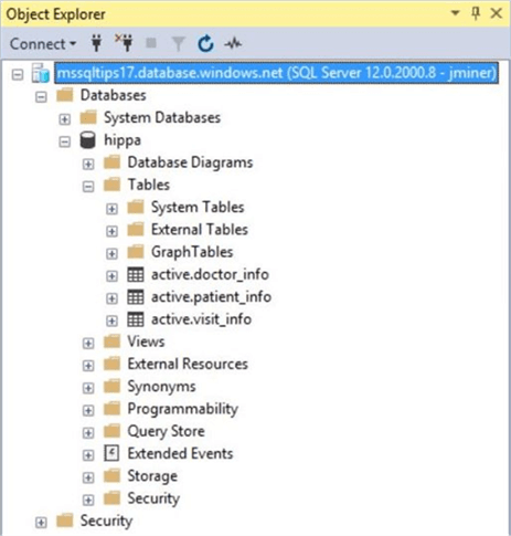 SSMS - View table objects - Description: Three tables in the active schema.