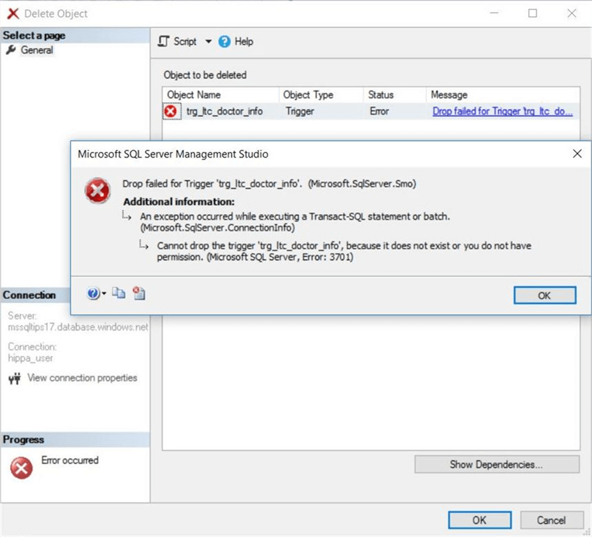 SSMS - Drop audit trigger. - Description: The current security does not allow the average user to drop the trigger.