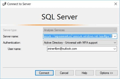 SSMS Login Prompt - Description: Select the analysis services option with the correct server and user name.