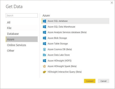 Power BI - Get Data - Description: Choose the Azure Analysis Services database.