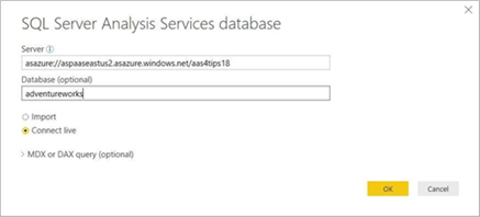 Power BI - Setup Azure AS connection - Description: The dialog box can be used to define the connection.  The direct query, connect live, is used this time instead of pulling down the data.