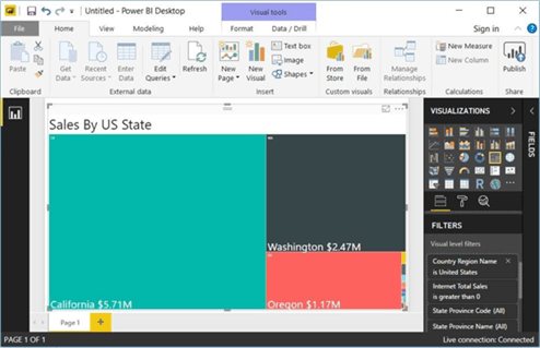 Power BI - Tree view visual - Description: The visual can be used to find the top three states in our internet sales department.