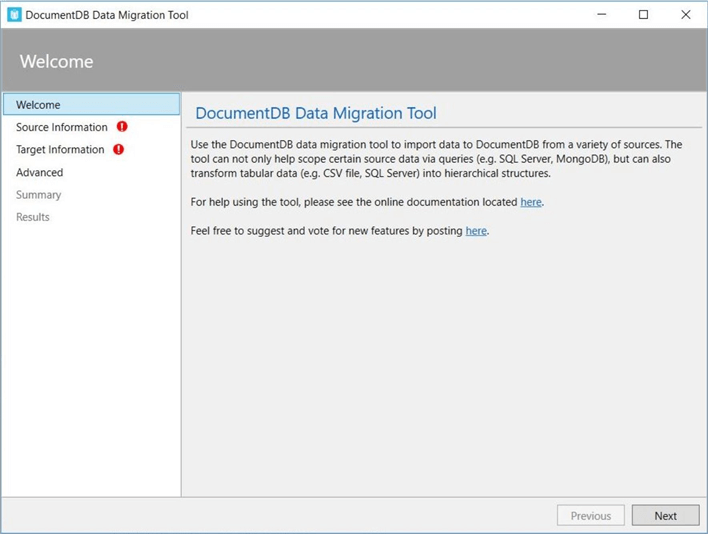 Data Migration Utility - Screen 1 - Description: Welcome screen shown from migration tool.
