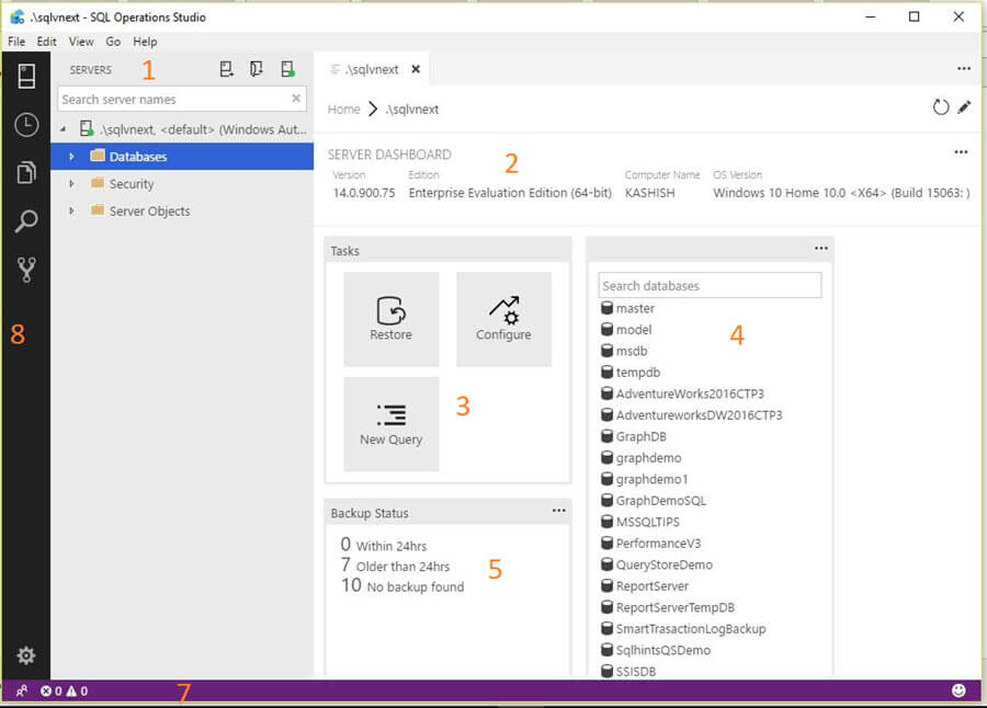Microsoft SQL Operations Studio layout