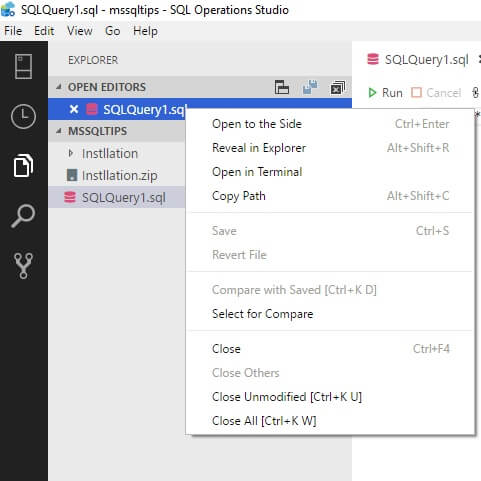 Microsoft SQL Operations Studio options explorer pane