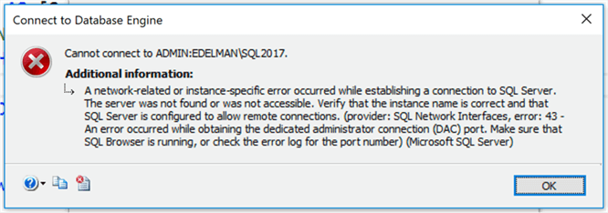 Error message when connectivity is not configured correctly