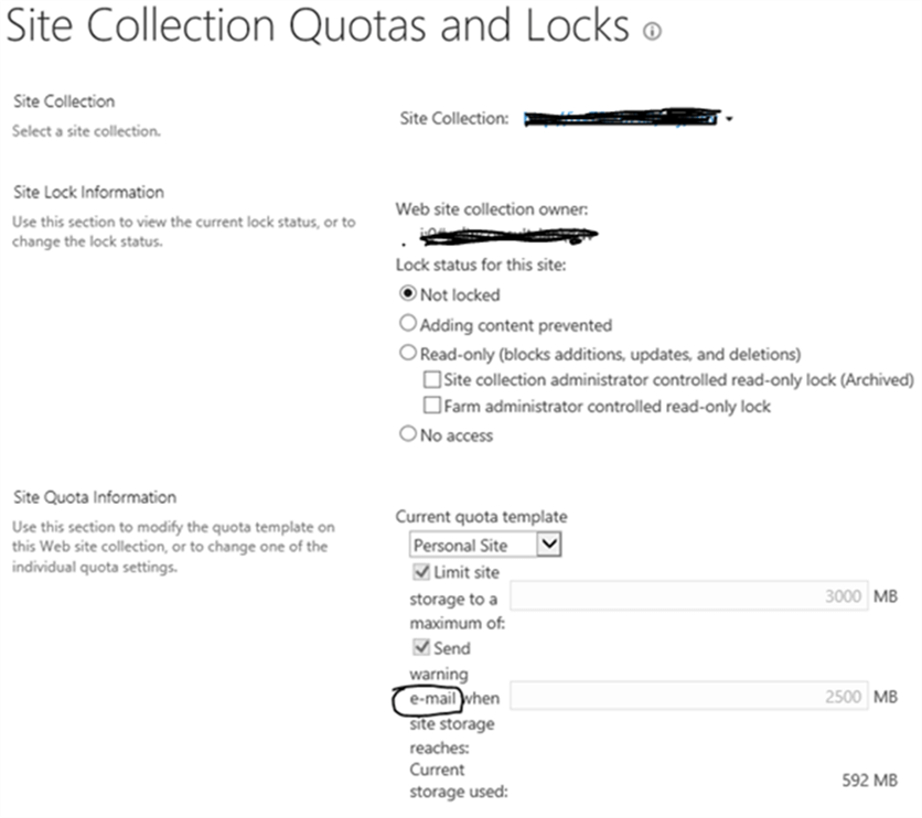 Site collection quota and locks 