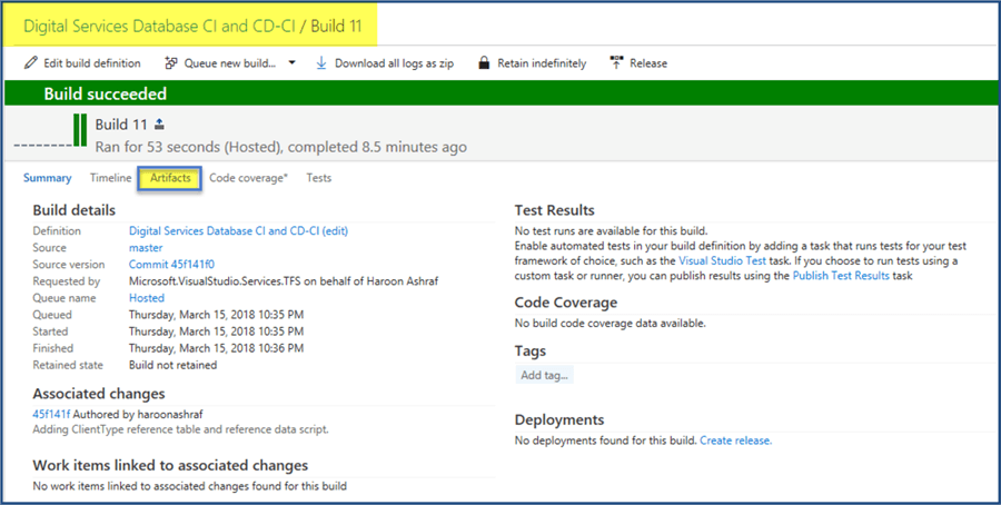 build successful for project for SQL Server Continuous Integration