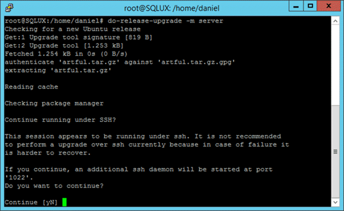Screen Capture - Description: Execution of do-release-upgrade over ssh.