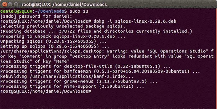Screen Capture 3 - Description: Installing SQLOPS from command line using dpkg.
