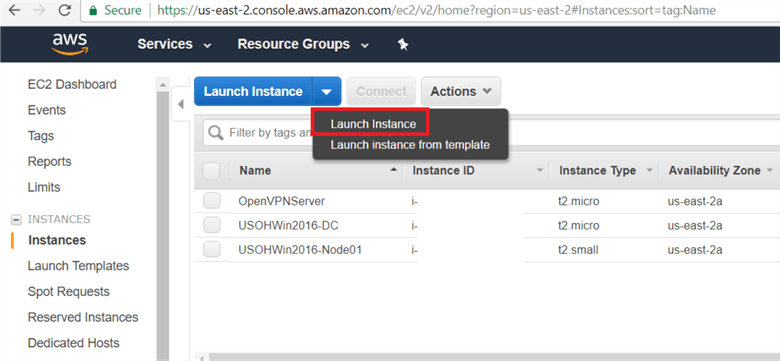 Or click on services (top left side) and under the Compute select EC2 -> left side under the EC2 Dashboard click on Instances then click on down arrow Lunch instance.