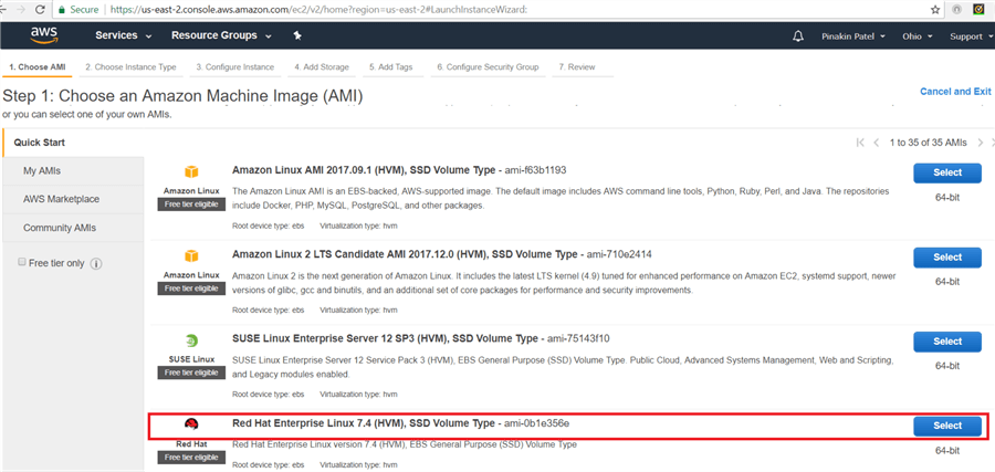 Select appropriate Amazon Machine Image (AMI) as shown below. Here I am selecting Red Hat Enterprise Linux 7.4 (HVM), SSD Volume Type - ami-0b1e356e