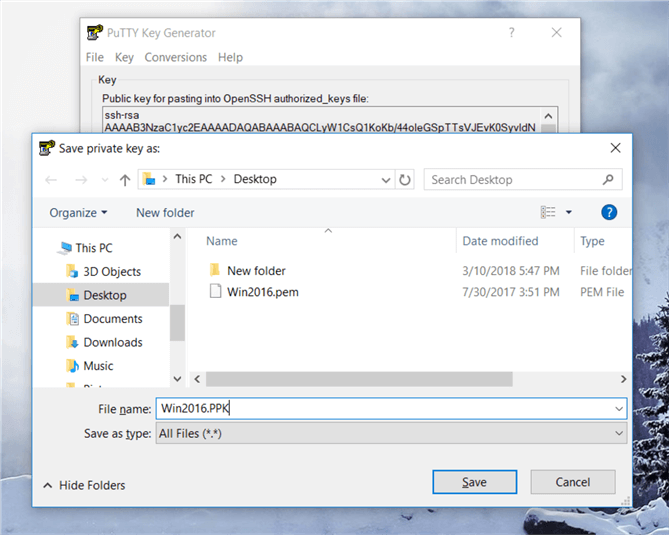 On the PuTTYgen dialog box, I have saved with the same file name the original file name by changing the file format.
