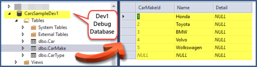 debug database