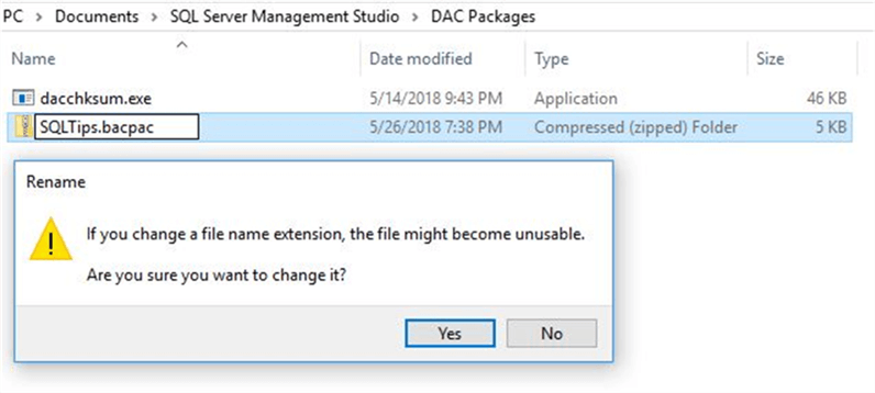 Rename from zip to bacpac file