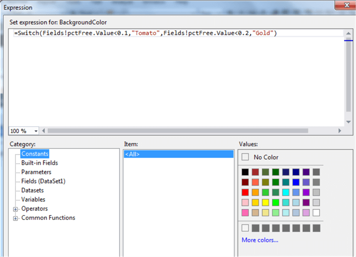 formula to set the background color for the pctFree field
