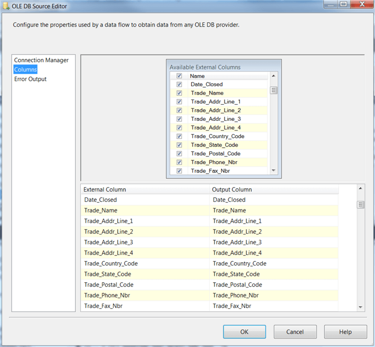 Clicking the Columns page will automatically populate source table column names