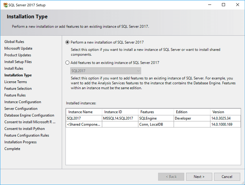 SQL Server 2017 installer - Installation Type
