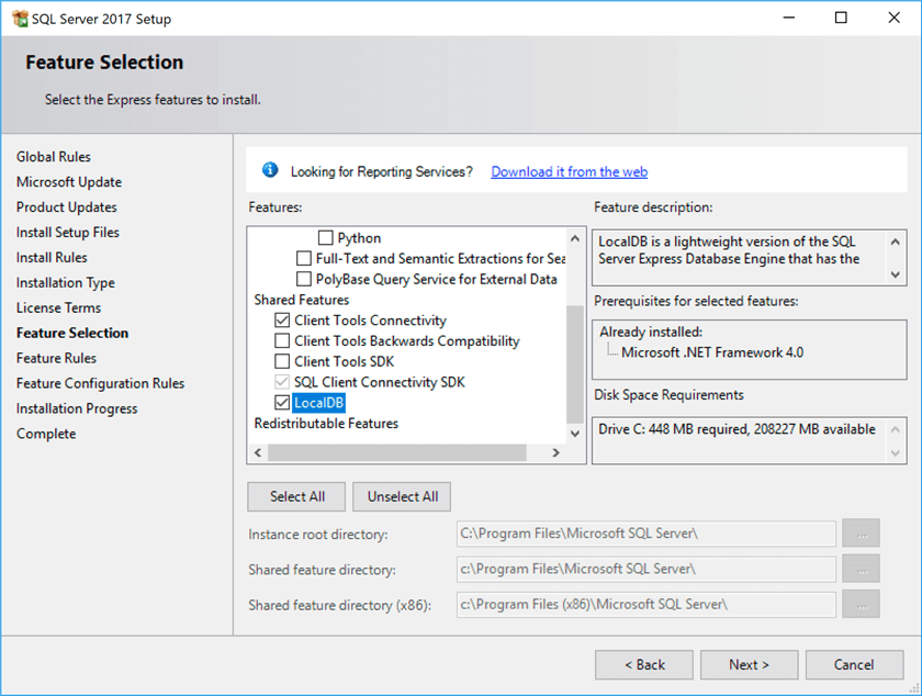 SQL Server 2017 installer - Feature Selection